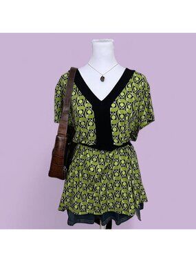 Green and black abstract pattern plus size quirky boho artsy maximalist blouse